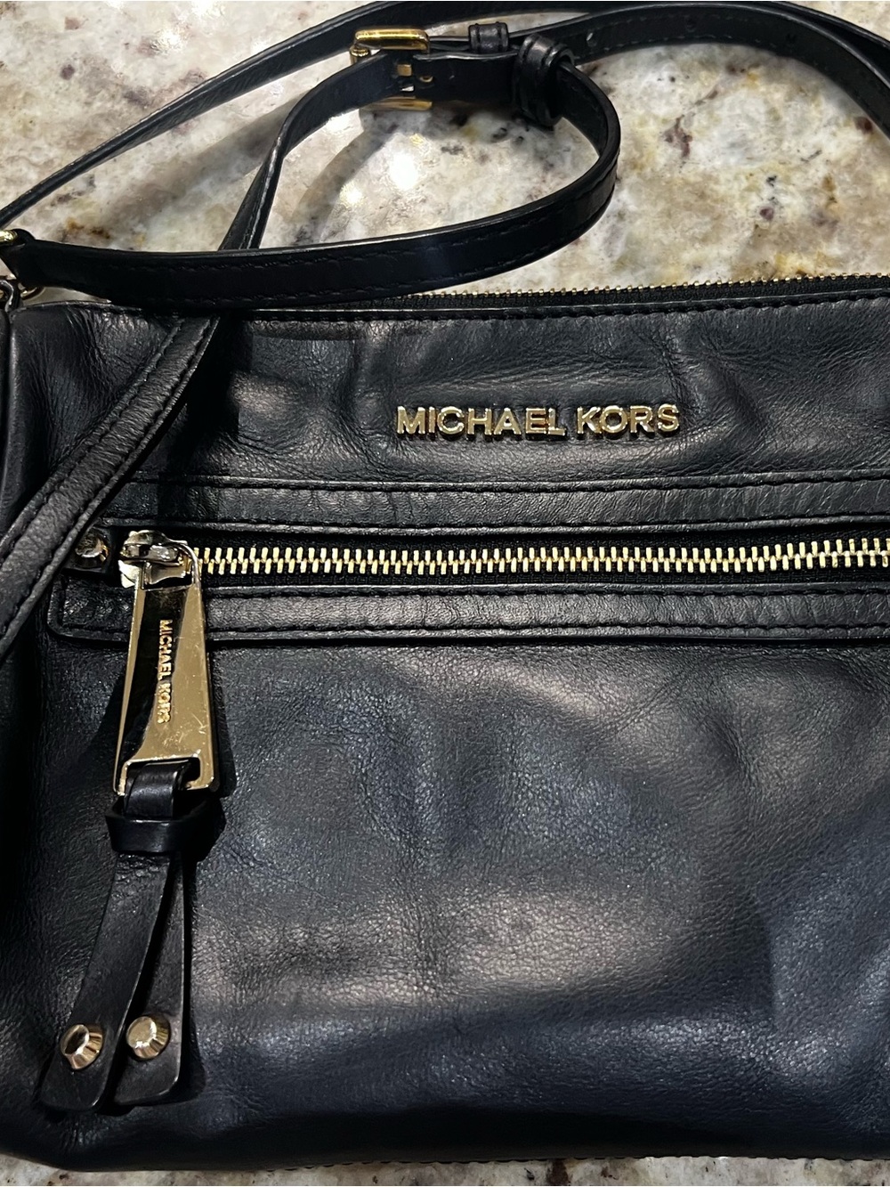 Michael Kors Black Leather Crossbody with Gold Accents